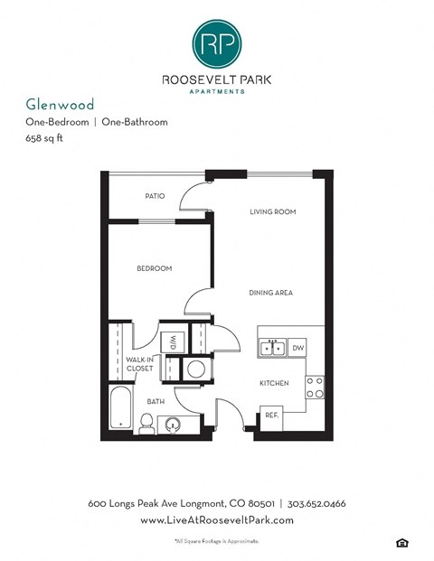Floor plan for 1 bed, 1 bath, 660 sqft